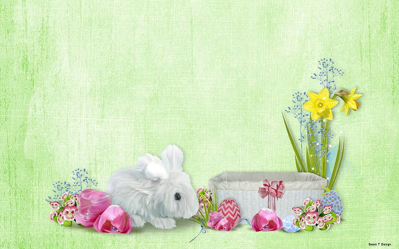 Bunny Basket, pretty, rabbit, holidays, yellow, painted, easter, spring, cute, paintings, green, daffodills, basket, flowers, bunny, white, pink, HD wallpaper