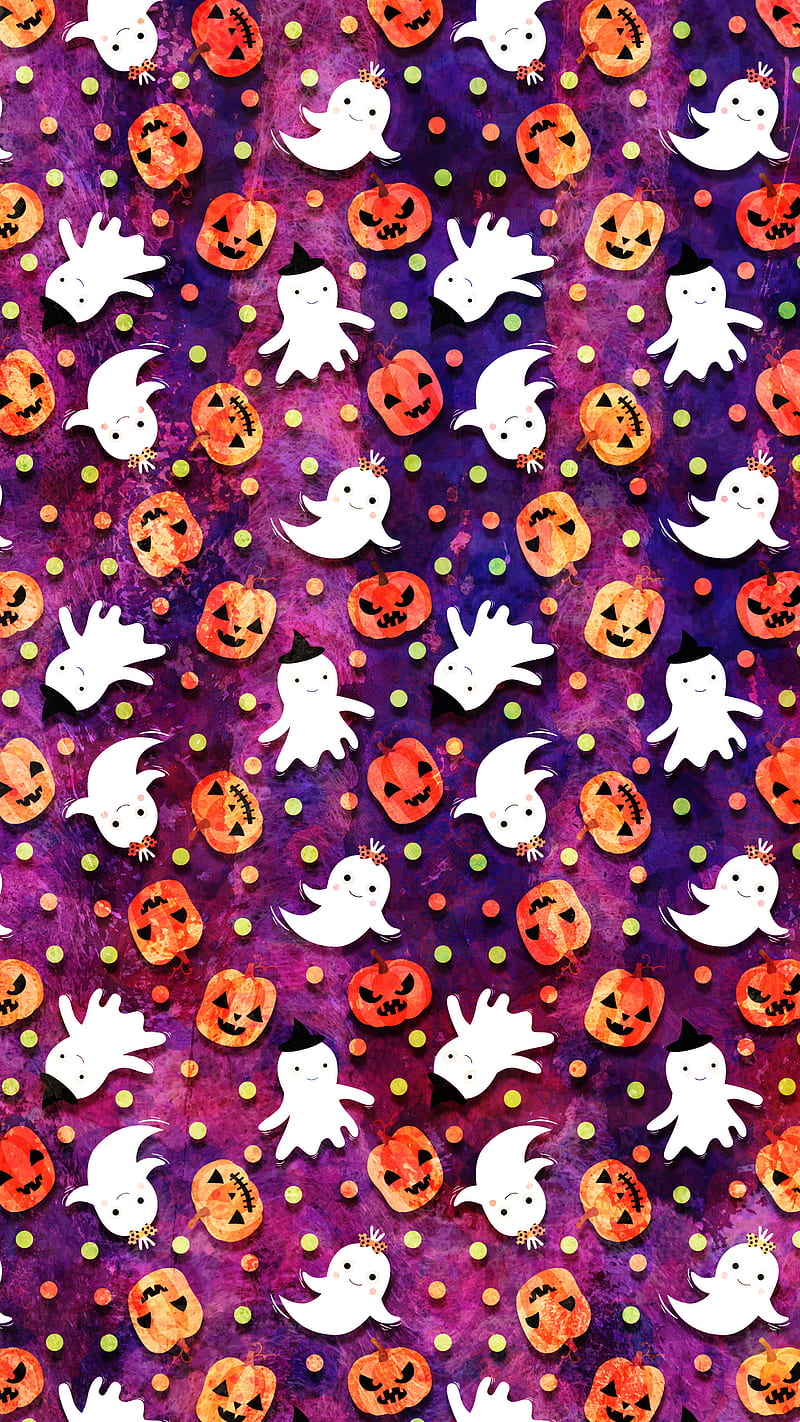 Fun Halloween Ghosts, Adoxali, Fun, Halloween, autumn, background, cartoon, celebration, color, cute, day of the dead, desenho, dots, fall, funny, ghost, hat, holiday, illustration, jack, kawaii, lantern, october, orange, pattern, pumpkin, scary, season, smile, spooky, treat, trick, violet, HD phone wallpaper