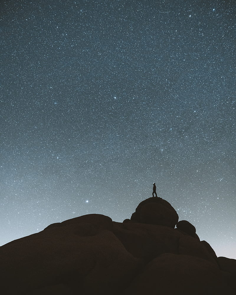 rocks, silhouette, alone, starry sky, night, HD phone wallpaper