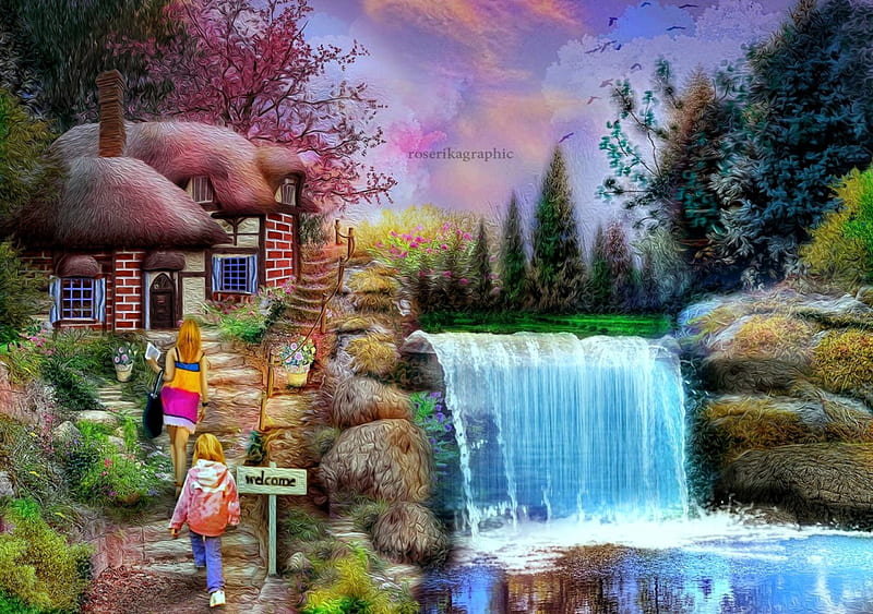 ~Retoura Home~, architecture, pretty, cottages, children, home, stairs, attractions in dreams, bonito, digital art, landscapes, flowers, girls, scenery, butterfly designs, models, lovely, houses, love four seasons, creative pre-made, trees, waterfalls, mixed media, weird things people wear, backgrounds, nature, HD wallpaper