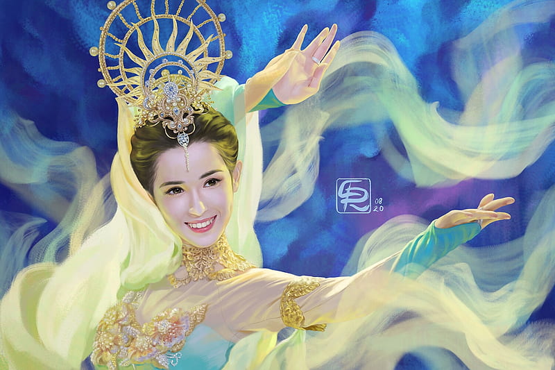 Dancer, crystalrain, blue, frumusete, crystal rain, luminos, yellow, suoerb, fantasy, girl, asian, gorgeous, HD wallpaper