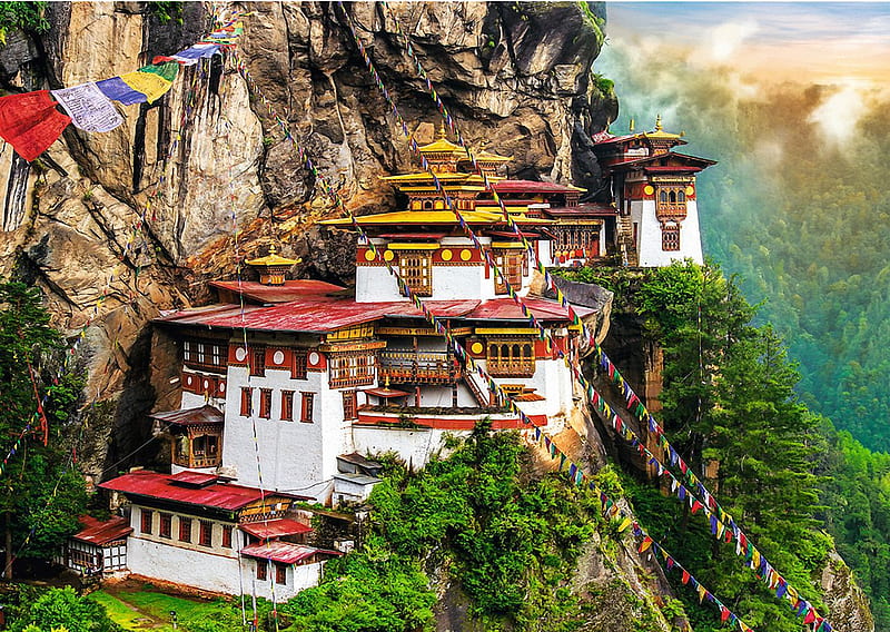 Tiger's Nest, Bhutan, sky, houses, mountains, extreme, rocks, sunset, HD wallpaper