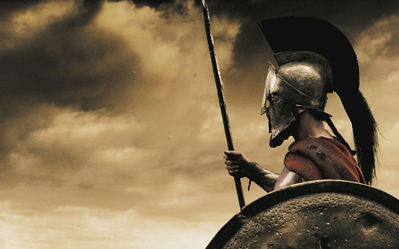 Sparta, warrior, spear, shield, helm, leonidas, red sky, HD wallpaper