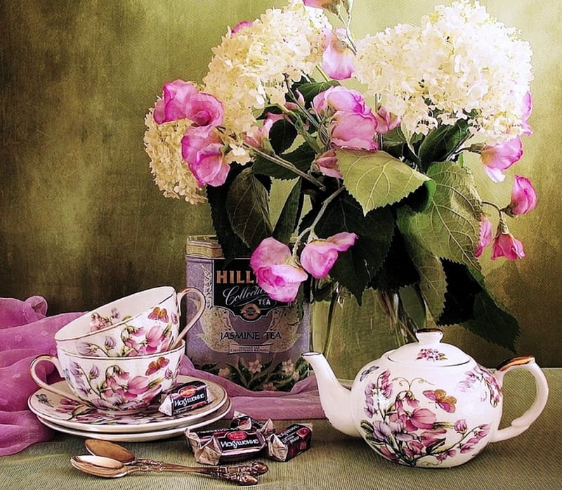 Still life, saucer, drinks, vase, abstract, tea, floral, flowers, nature, kettle, white, pink, cups, porcelain, HD wallpaper