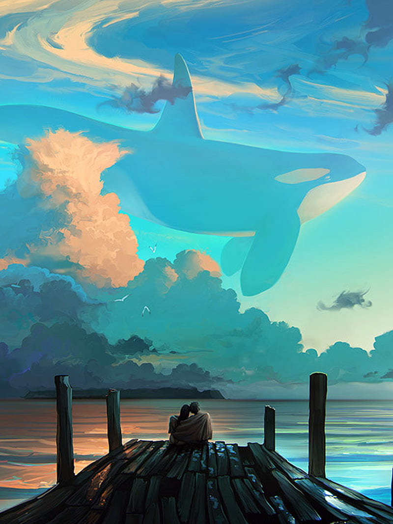 Gazebo, travel, pier, water, sea, couple, whale, clouds, fly, painting, HD phone wallpaper