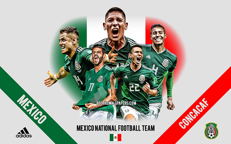 Mexico national football team, team leaders, CONCACAF, Mexico, South America, football, logo, emblem, Hirving Lozano, Carlos Vela, HD wallpaper