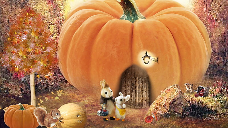 Harvest Pumpkin House, fall, autumn, squirrel, harvest, story book, fairy tale, mice, trees, fantasy, pumpkin, rabbits, bunnies, HD wallpaper