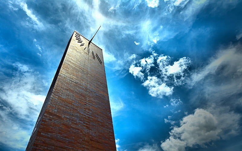 Columbus Learning Center, chapel, blue sky, clouds, clock, Columbus, Ohio, USA, HD wallpaper