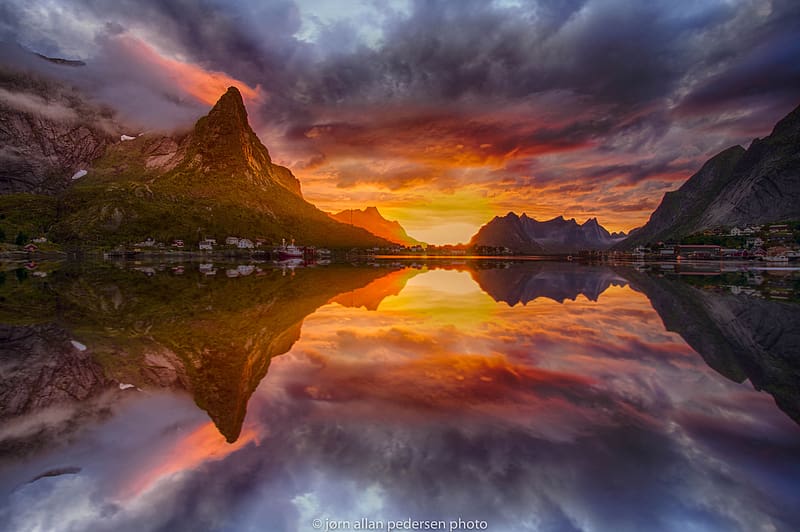 Landscape, Sunset, Mountain, Lake, Reflection, Village, Norway, , Lofoten, HD wallpaper