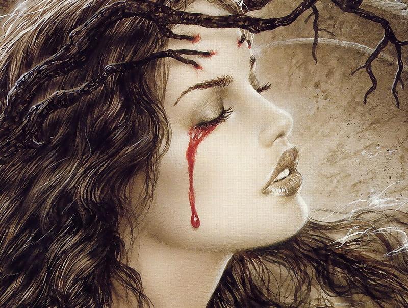 Vampire Sorrow in Sepia, red, pretty, horror, woman, beautifyl, branch, young, crying, vamire, cry, female, youth, blood, tree, paranormal, sad, sorrow, lady, branches, maiden, HD wallpaper