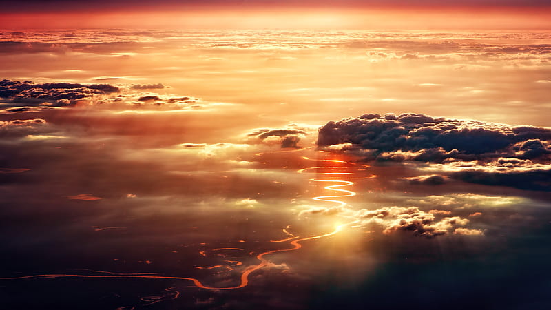beyond the clouds, orange sky, top view, Others, HD wallpaper