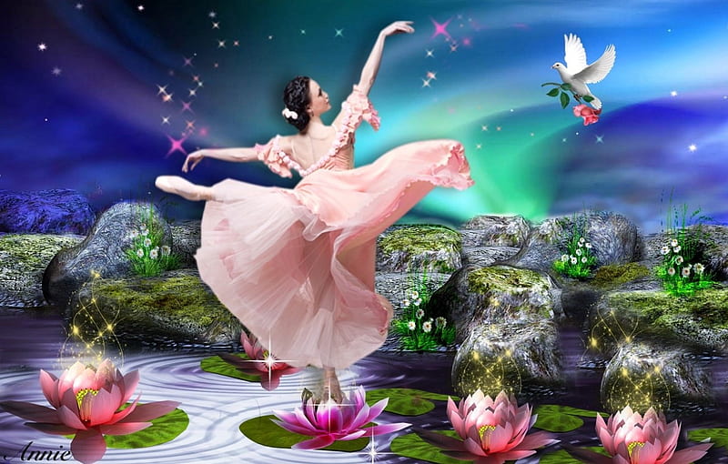 Ballerina Dancer, pretty, Dancer, lotus, sky, lotus flowers, ballarina, dancing, Fantasy art, softness, pond, Abstract, graceful, HD wallpaper