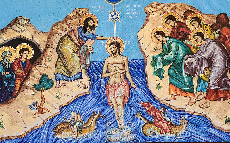 Baptism of the Lord, Christ, Baptism, John, disciples, Baptist, river, angels, Jesus, HD wallpaper