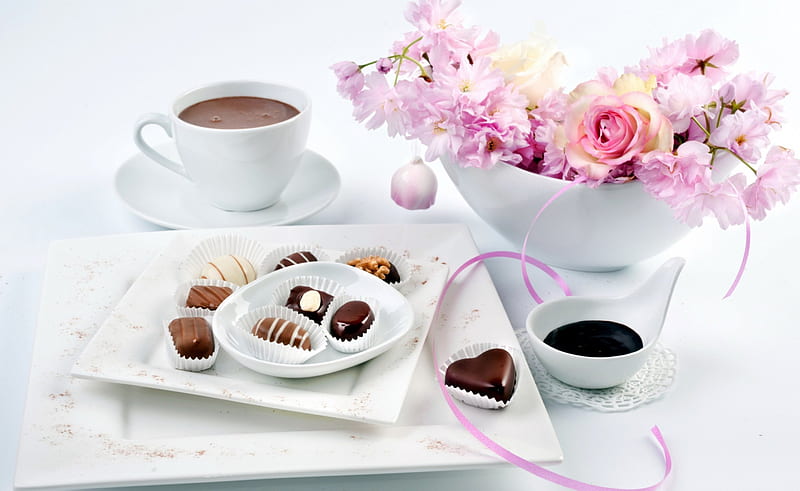 * Sweet and beautiful *, coffee, chocolate, tasty, flowers, spring, HD wallpaper