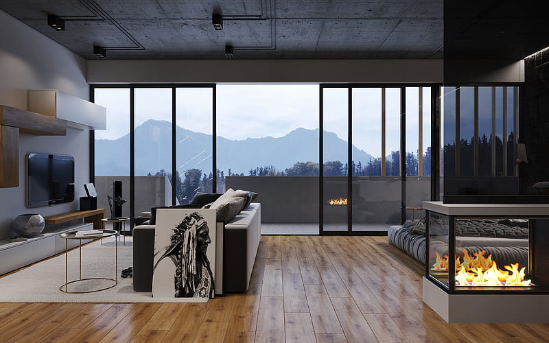 living room, fireplace, stained-glass window, stylish interior, modern design, interior idea, HD wallpaper