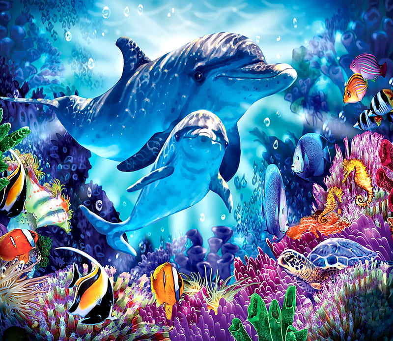 Dolphin Family, underwater, art, fish, ocean, bonito, illustration, artwork, sea, painting, wide screen, wildlife, seascape, scenery, HD wallpaper