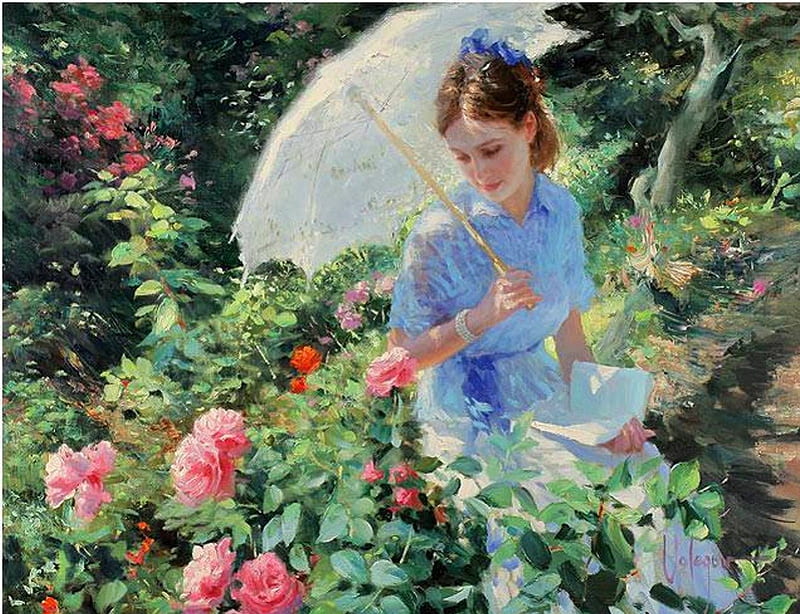 Painting, red, artist, dress, dreamy, sun, resting, umbrella, book, read, bonito, woman, outdoors, elegant, young, feminine, flowers, beauty, pink, blue, art, soft, park, roses, abstract, water, summer, garden, nature, single, HD wallpaper