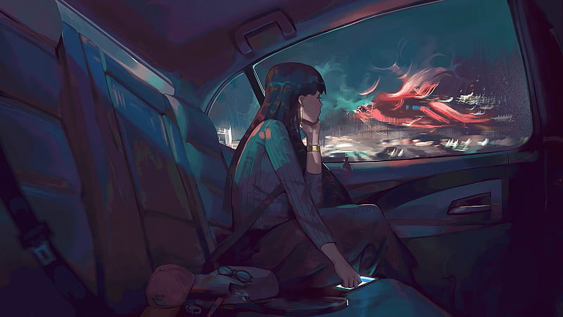 anime girl, looking away, in a car, mood, long hair, Anime, HD wallpaper