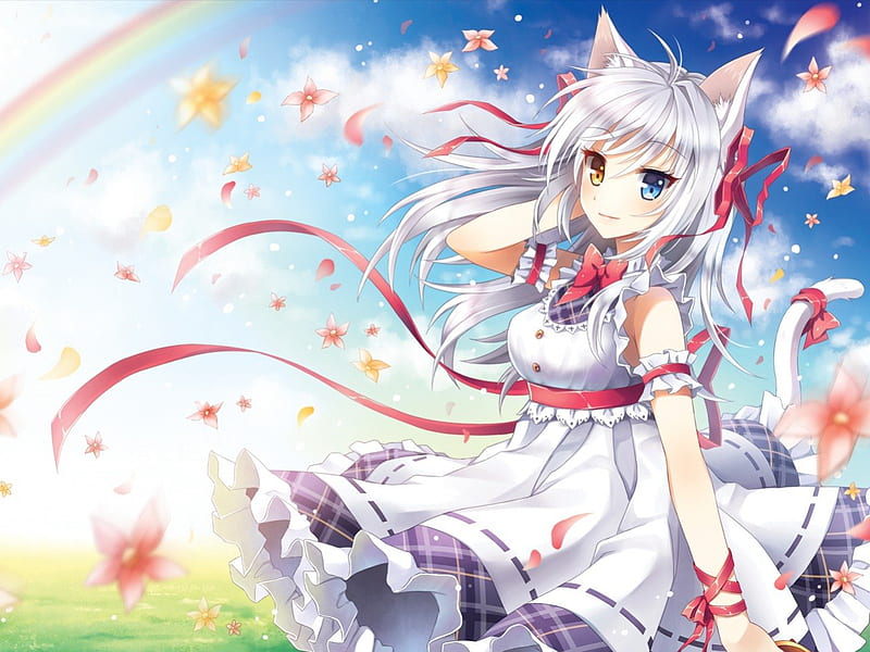 White Catgirl, catgirl, dress, white hair, blush, wrist ribbon, rainbow, cherry blossom, sweet, hot, anime girl, female, cloud, ribbon, tail, cat ears, sky, sexy, cute, cool, flower, cat tail, petals, HD wallpaper