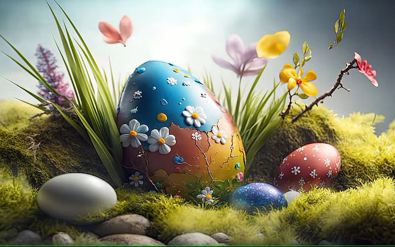 Easter Greetings, eggs, colorful, flowers, blossoms, digital, artwork, festive, HD wallpaper
