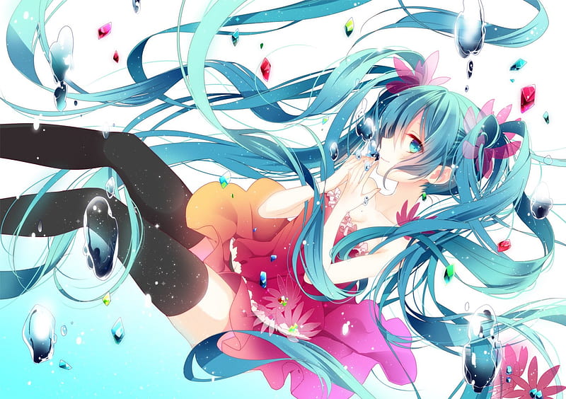 ~Hatsune Miku~, underwater, dress, hatsune miku, thighhighs, ponytails ...