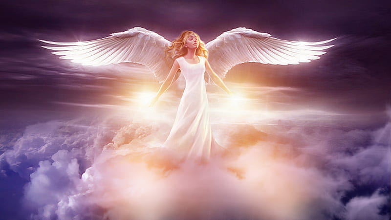 Holy angel, pretty, wings, angel, bonito, sky, clouds, woman, lights ...