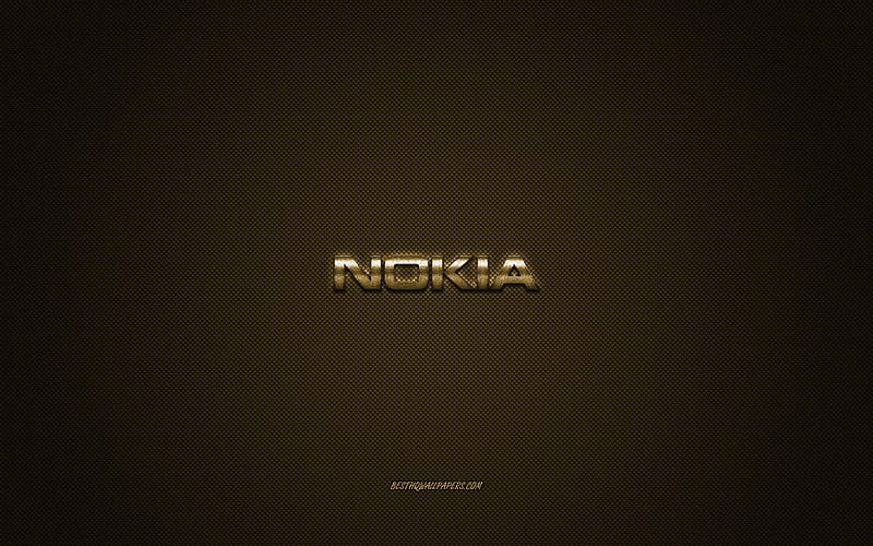 Nokia logo, gold shiny logo, Nokia metal emblem, for Nokia smartphones, gold carbon fiber texture, Nokia, brands, creative art, HD wallpaper