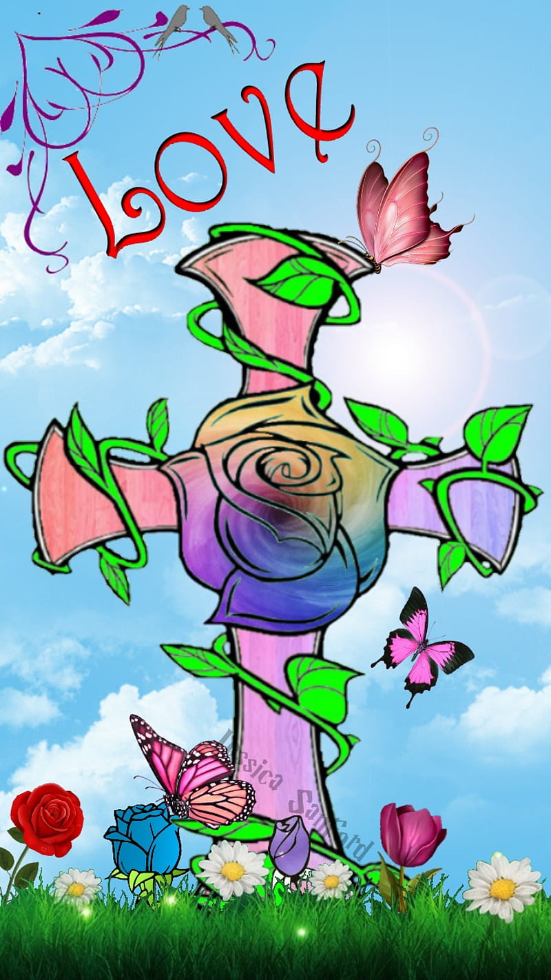 Cross Love, birds, butterflies, clouds, flowers, pink, rose, HD phone wallpaper