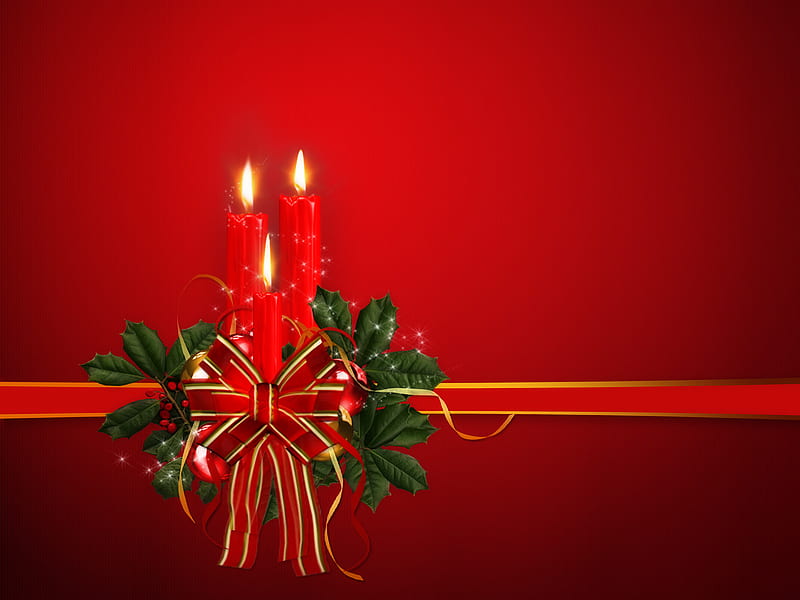 Merry Christmas, ornaments, christmas, holiday, holly, bow, ribbons, candles, balls, berries, HD wallpaper