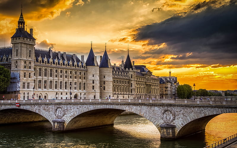 Conciergerie, Paris, France, royal castle, sunset, evening, landmark, HD wallpaper
