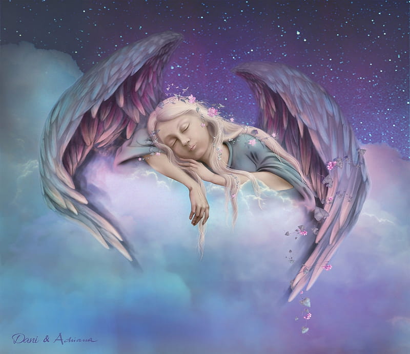 After a long day, cloud, sleep, luminos, angel, blonde, sky, fantasy, girl, purple, adrianamusettidavila, blue, HD wallpaper