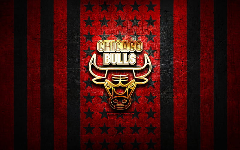Chicago Bulls flag, NBA, red black metal background, american basketball club, Chicago Bulls logo, USA, basketball, golden logo, Chicago Bulls, HD wallpaper