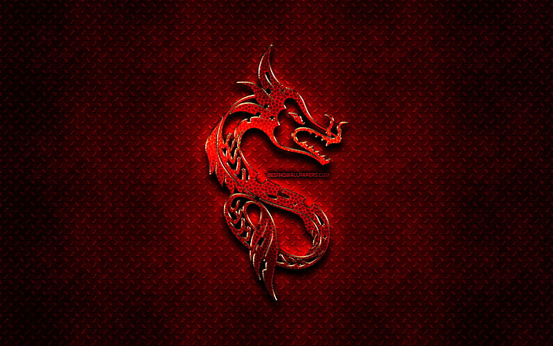 Dragon, red animals signs, chinese zodiac, Chinese calendar, Dragon zodiac sign, red metal background, Chinese Zodiac Signs, animals, creative, Dragon zodiac, HD wallpaper