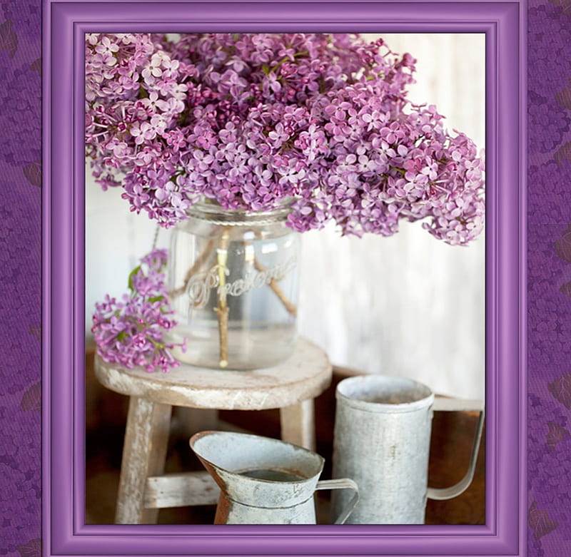 Lilac in frame, lilac, frame, background, easter, old, floral, jar, flowers, wooden stool, jugs, vintage, clear, Decorative objects, spring, wall, glass, purple, HD wallpaper