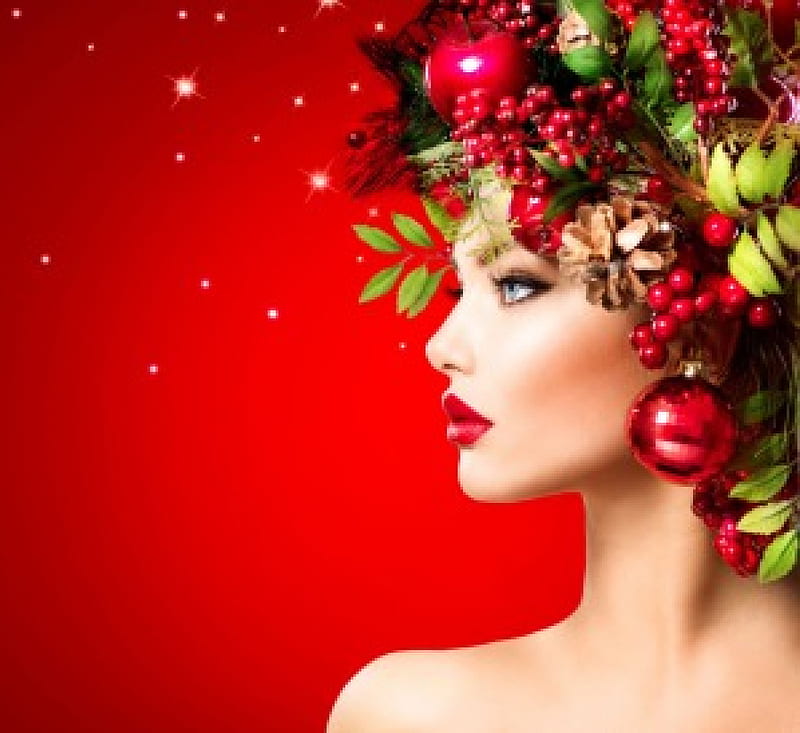 Christmas Beauty , ornaments, christmas tree, woman, lips, gorgeous face, profile, decorations, makeup, beauty, style, HD wallpaper