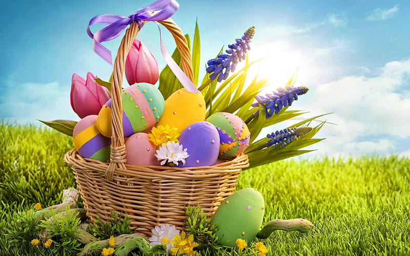 Easter, basket, Easter eggs, spring, green grass, HD wallpaper