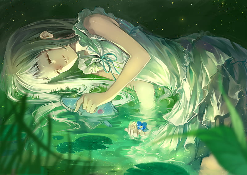 Honma Meiko, short hair, water, sleep, dress, blow, grass, flower, HD wallpaper