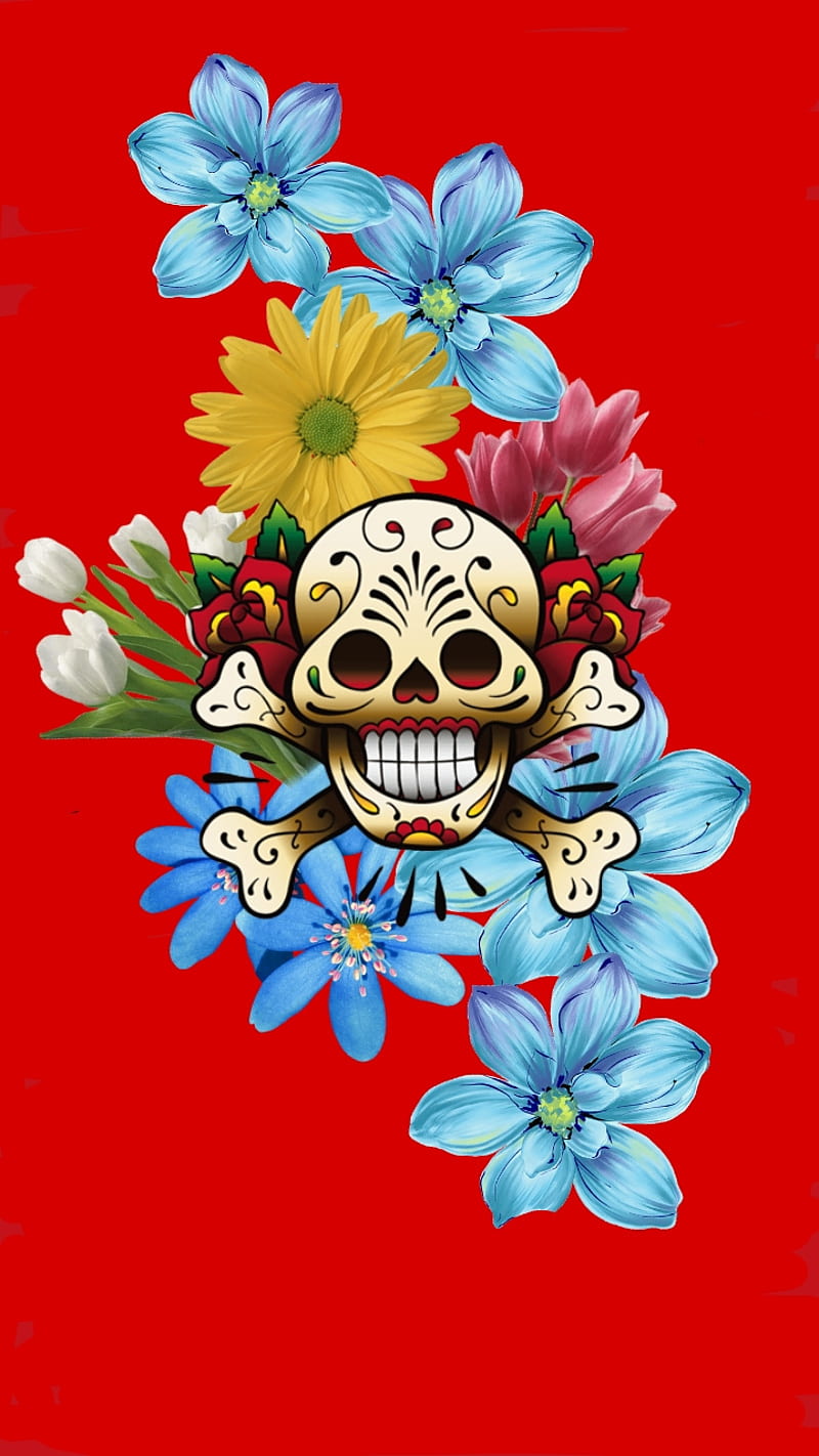Dead Red, color, day, fliwers, skull, sugar, tulipsful, yelliw, HD phone wallpaper