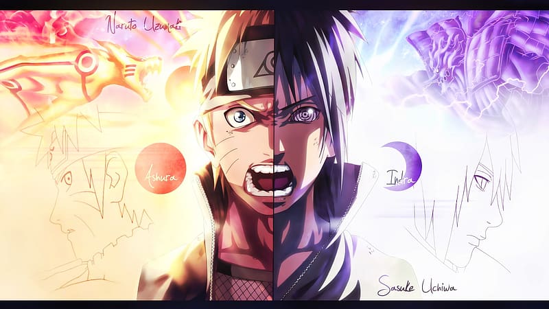 Anime, Naruto, Sasuke Uchiha, Naruto Uzumaki, Kurama (Naruto), Indra Ōtsutsuki, Ashura Ootsutsuki, HD wallpaper