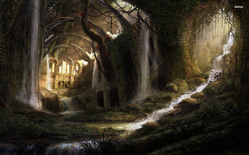 Secret passage to Enchanted Castle, fantasy, passage, waterfall, nature, magic, bonito, tunnel, enchanted, HD wallpaper