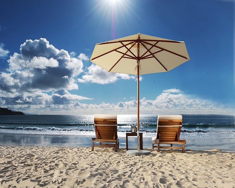 Sea sun sand, Check!, table, sun, umbrella, clouds, lounges, sea, beach, sunrays, sand, water, sun chairs, summer, drink, sunshine, relaxing, HD wallpaper