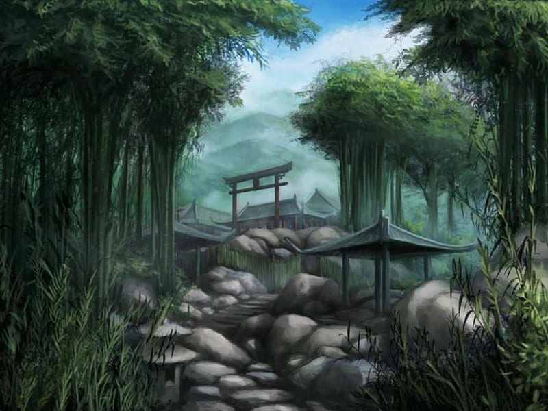 Sacred Garden, forest, japan, fantasy, torii, japanese, shrine, temple, orginal, HD wallpaper