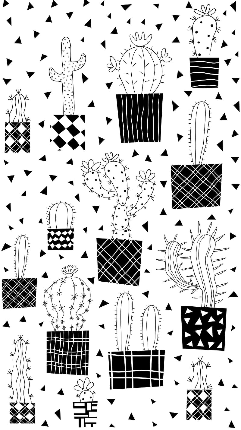 Black and White Cactus, Black, Pravokrug, abstract, art, botany, cacti, cactus, creative, cute, desert, doodle, drawing, floral, flower, garden, geometric, grunge, hand drawn, houseplant, line, mexican, modern, motif, nature, pattern, plant, pot, simple, spike, succulent, trendy, triangle, tropical, white, HD phone wallpaper