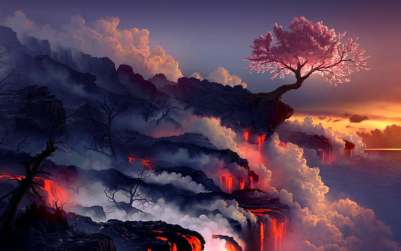 Tree on volcano, fantasy art, lava, landscape, cherry blossom, sunset,  artwork, HD wallpaper | Peakpx