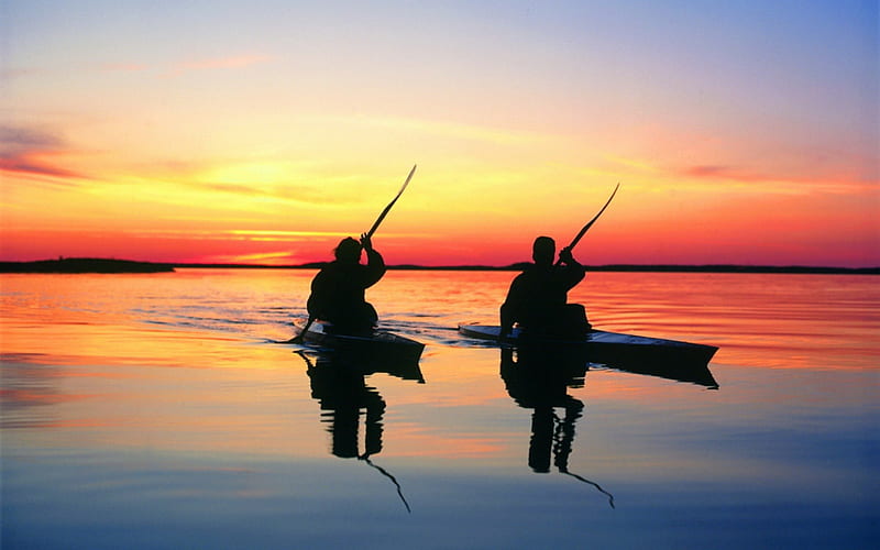 Two kayaks, ocean, sunset, kayak, sea, water, human, cannoe, people, nature, HD wallpaper