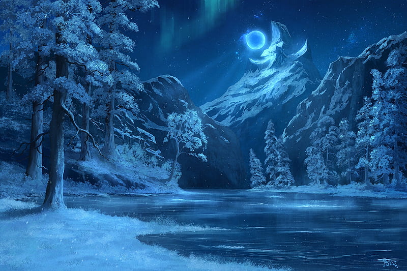 Cold sun, benj, blue, winter, iarna, world, forest, moon, luminos, lake, ben j, moon, fantasy, HD wallpaper