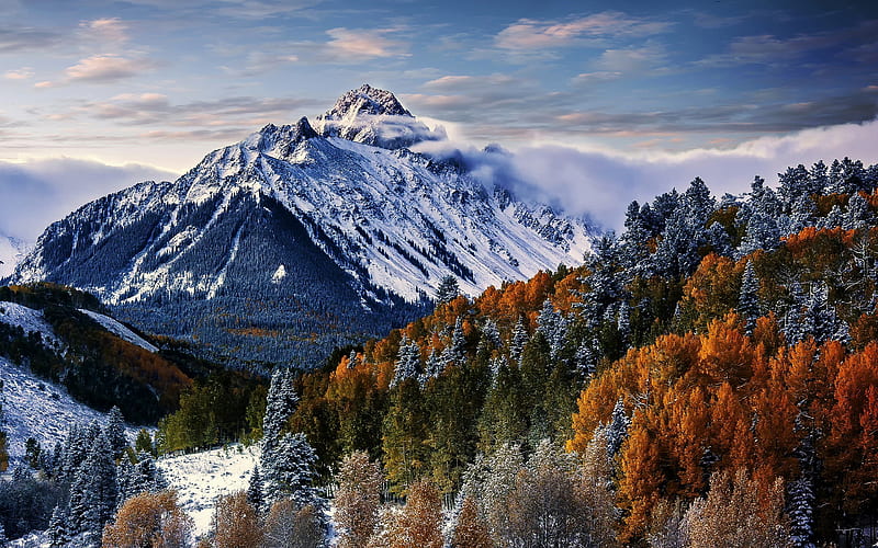Mount Sneffels mountains, winter, forest, Sneffels Range, Rocky Mountains, USA, HD wallpaper