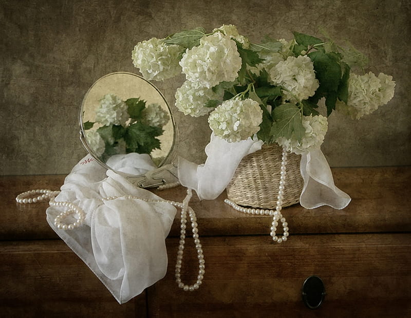 Snowballs And Pearls, flower basket, elegance, nice, loveliness, love, bright, best, flowers, white lilacs, table, art, white flowers, attractiveness, delight, grace, green leaves, white, style, stylish, splendid, jolly, charm, bonito, superb, accessories, leaves, delightfully, green, gentle, arrangement, pearls, refinement, gorgeous, white lilac, marvelous, superbly, soft, retro style, decor, attraction, femininity, refined, dark, flower, nature, pretty, wonderful, fluffy, plant, strand of pearls, spell, sweet, fascination, excited, basket of flowers, reflection in the mirror, beauty, reflection, harmony, lovely, romance, beautifully, snowballs, jewelry, cute, gentleness, paradisaic, cool, scarf, lilac, colorful, special, brown, white scarf, courtliness, fragrance, elegant, clear , still life, harmonious, basket of lilacs, graphy, royal, glamour, mirror, vintage, clear, romantic, colors, lilacs, leaf, sophistication, retro, charming, basket, plants, peaceful, attractive, petals, gentility, HD wallpaper