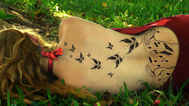 Butterflies and Music, bonito, models, tattoo, people, HD wallpaper
