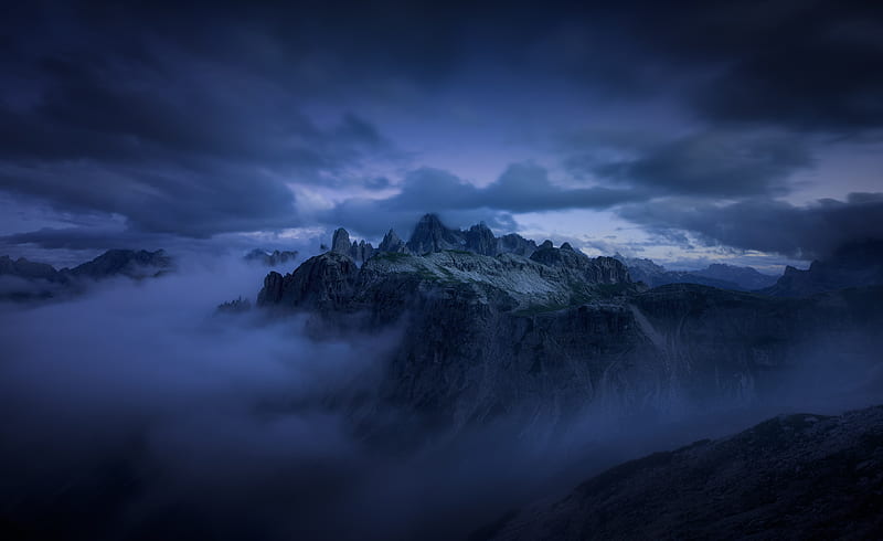 Mountains Cliff Covered Under Fog Mist , mountains, fog, mist, nature, blue, HD wallpaper